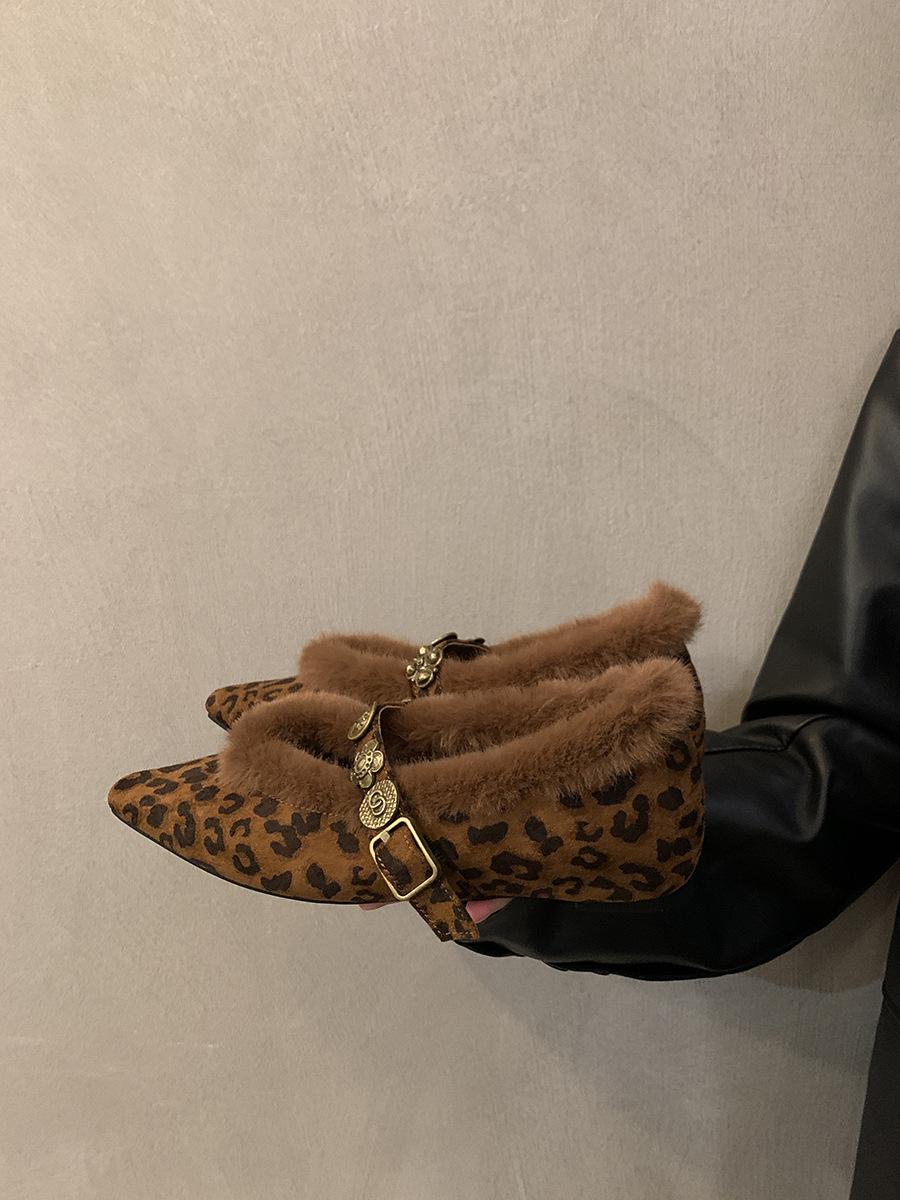 

French wool cotton shoes single shoes women s shoes new pointed high-end leopard print Mary Jane evening shoes 40