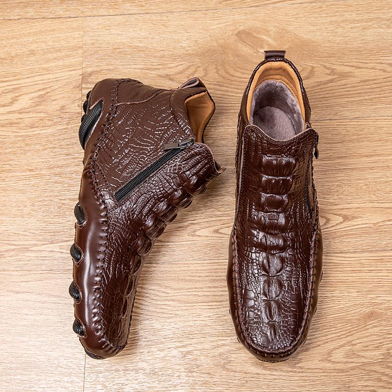 Men's Stylish High-Top Casual Shoes, Crocodile Embossed Cowhide Leather, Easy-Use Metal Zipper, Durable&Fashionable for Leisure