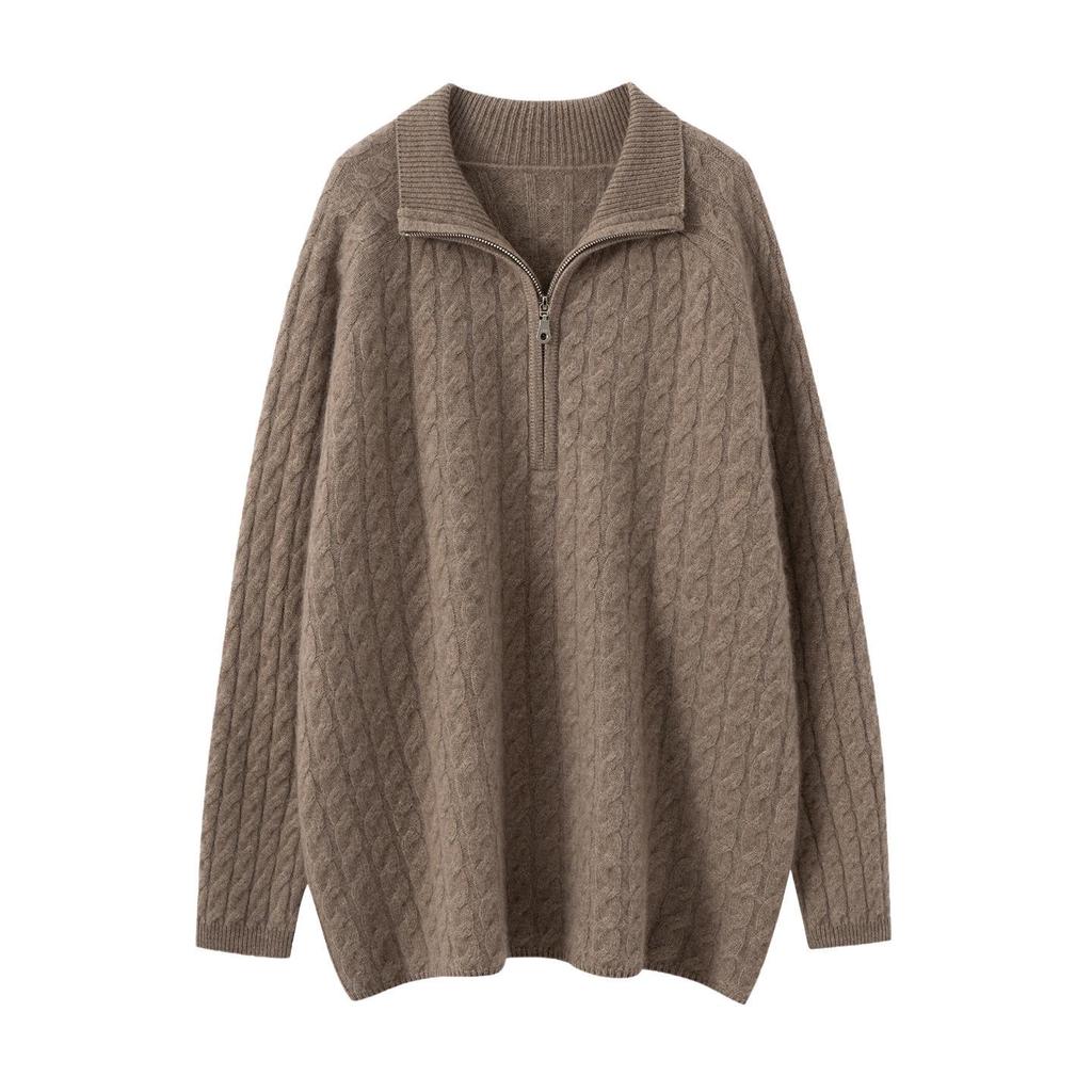 2026 Autumn Cashmere Loose Half-Zip Cable Knit Lapel Sweater for Women