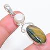 Natural Tiger Eye, Pearl Gemstone 925 Sterling Silver Jewelry Pendant 2.29" AP-14068