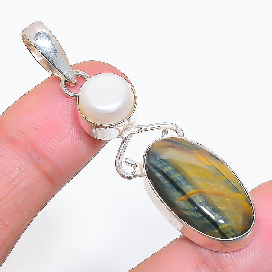 Natural Tiger Eye, Pearl Gemstone 925 Sterling Silver Jewelry Pendant 2.29 AP-14068
