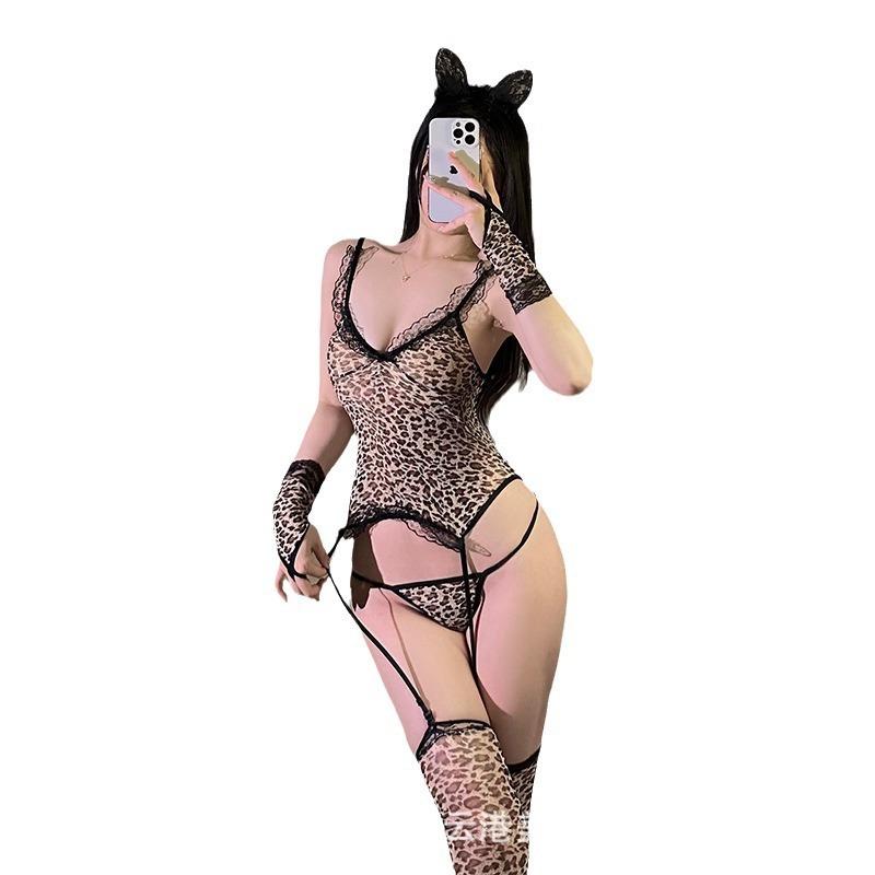 Sexy Leopard Print New Nightclub Women's Wild Temptation Leopard Print Garter Belt Integrated Suit Uniform Female One-piece Cute