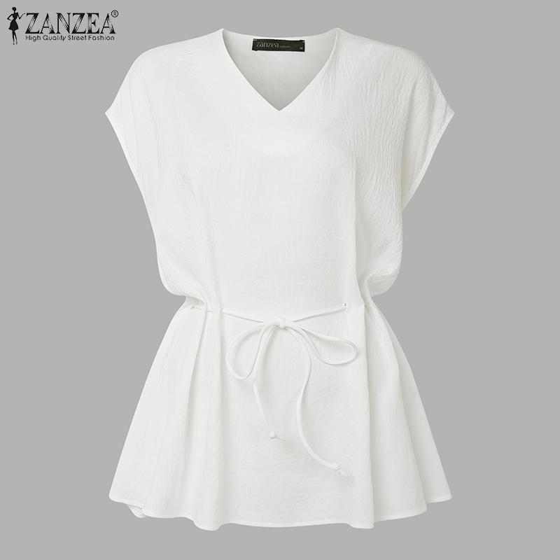 

ZANZEA Women V Neck Short Sleeve Lace-up Waist Casual Loose Blouse 5XL белый