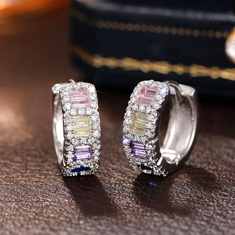 Multicolor Baguette Cut Huggie Hoop Earrings for Women Silver Tone Sparkling Earrings for Daily Party Jewelry