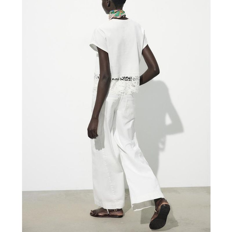 Summer New Product Women's Clothes Silm Straight-leg Cotton Embossed Lace Patchwork Short Sleeve round Neck T-shirt 0858192