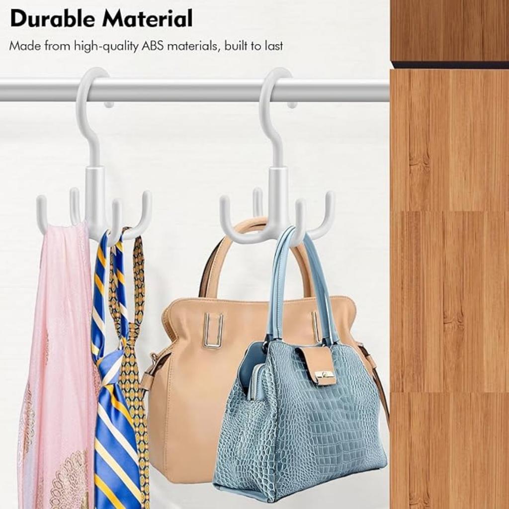 4 Pack 360 Rotatable Belt Hanger, Closet Rod Hooks with 4 Hooks for Belt, Tie, Hat, Scarf, Bag, Bra, Tank Top - White