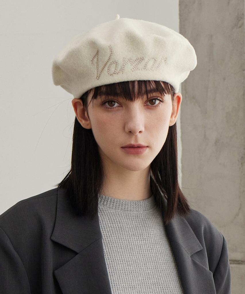 Bajal Cursive Logo Wool Beret Ivory