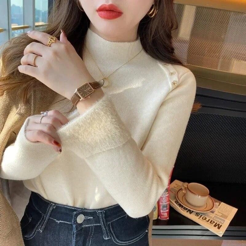 Casual Long Sleeve Soft Warm Sweater Women Fashion Stand Collar Base Pullover Women Autumn And Winter Thickened Knitwears Tops 29602