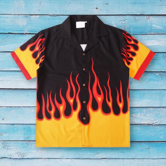 Camicia da Uomo Cartone Animato Colore a Contrasto Maniche Corte Stampa Fuoco Colletto Classico Top Estivi Abbigliamento Quotidiano