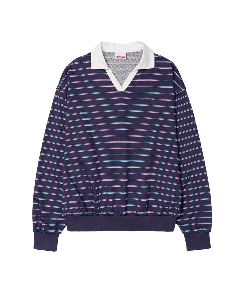 AMES-WORLDWIDE V Neck Collar Stripe Sweatshirt Purple