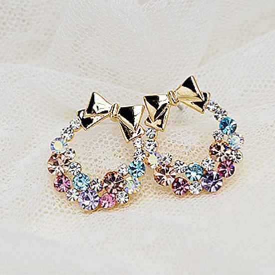 Women Multicolor Rhinestone Inlaid Bowknot Decor Stud Earrings Jewelry Gift