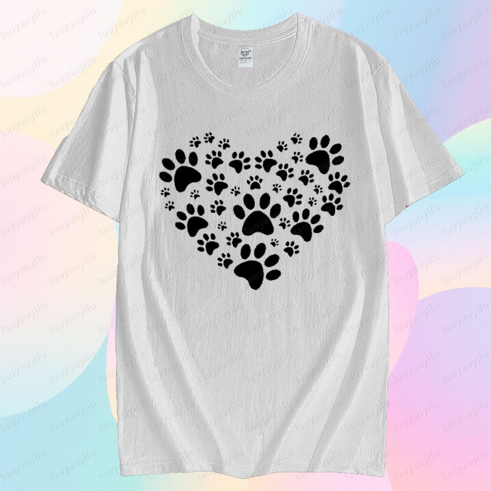 Cute Pet Footprint Print Tshirt Footprint Heart Shape Creative Design Tshirt Women Men Crewneck Cotton Short Sleeve Unisex Tee