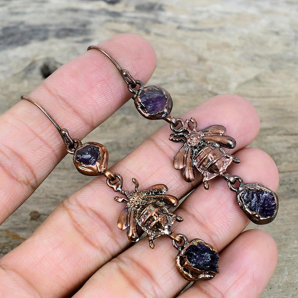 African amethyst rough earring electroformed copper earrings gemstone jewelry honey bee earring handmade copper jewelry anniversary gifts