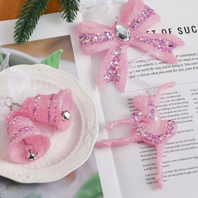 Enfeites de Natal de Glitter Rosa Laço/Sino/Árvore/Bailarina Acrílicos Decorações Pendentes para Árvore de Natal Decoração de Festa de Fim de Ano