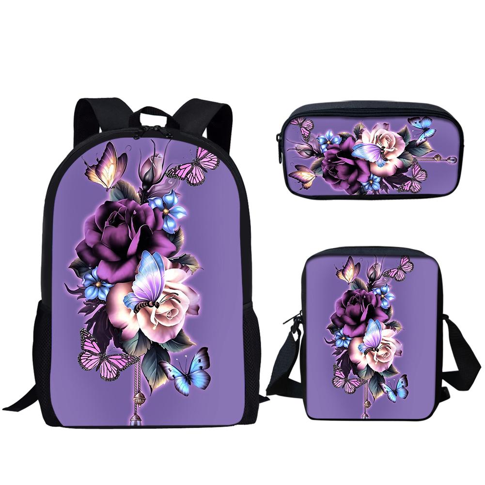Hip Hop Youthful Purple Butterfly Moon 3D Print 3pcs/Set Student Travel bags Laptop Daypack Backpack Shoulder Bag Pencil Case