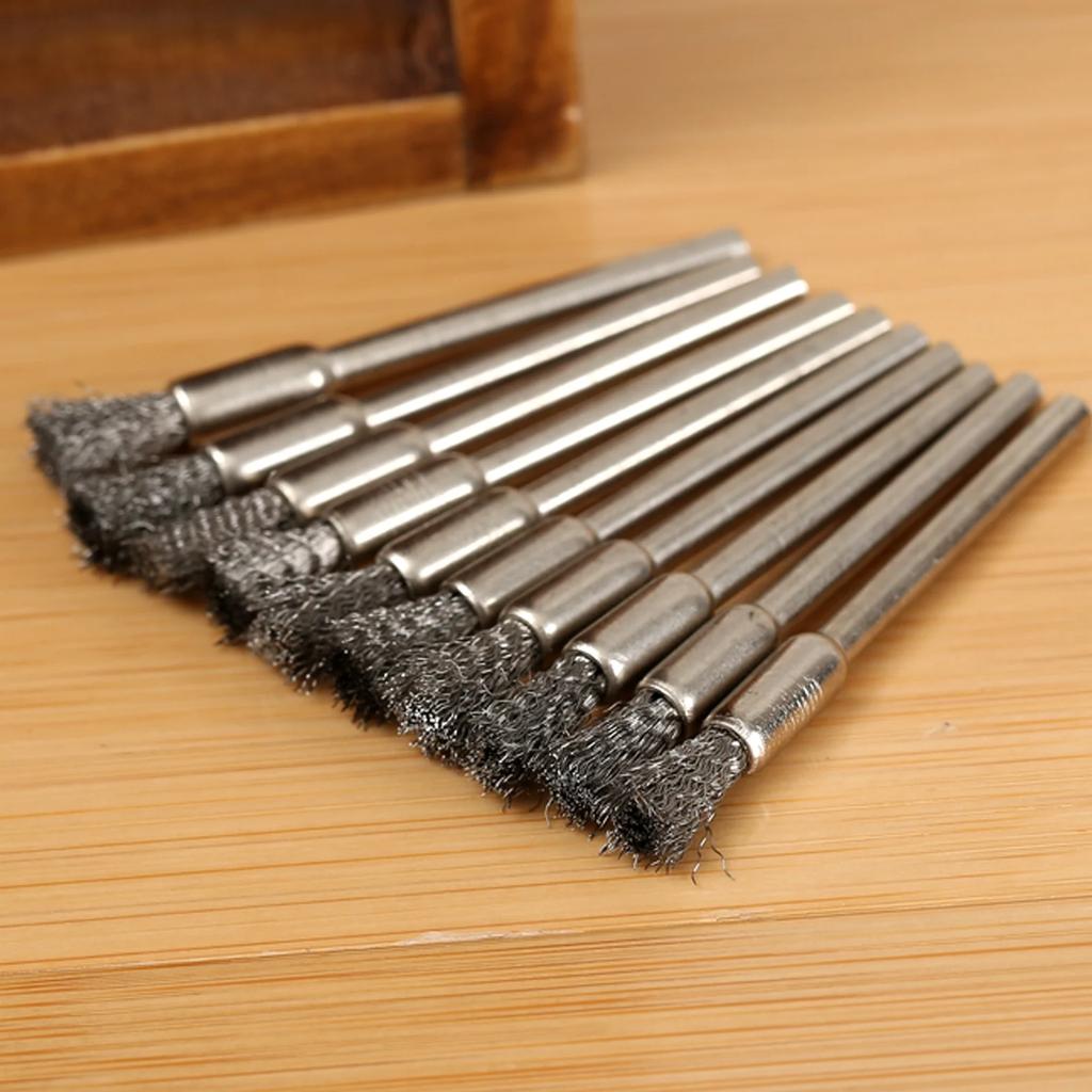 10Pcs/set 5mm Pencil Brushes Stainless Steel/Copper Wire Wheel Brush 3.17mm Shank Mandrel for Dremel Rotary Tools Abrasive Tool