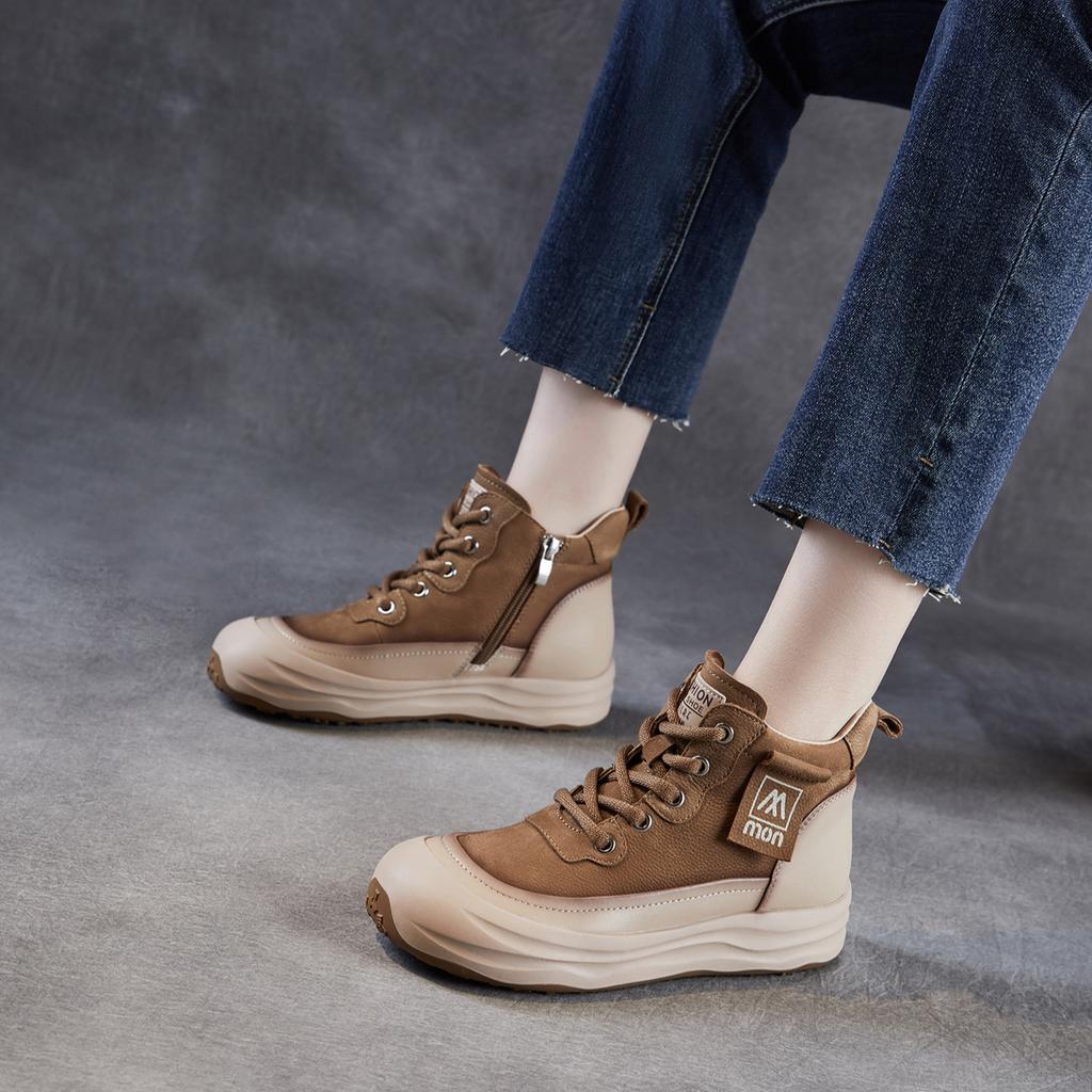 Genuine Leather Thick-soled Color-blocked Ankle Boots Lace-up Sports Casual Shoes High-top Fashion Sneakers