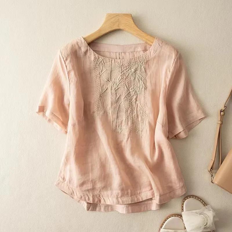 Blusa de Algodón Bordada de Verano para Mujer Casual Tops de Manga Corta Mujer Dulce Camiseta de Cuello O Camisa Holgada Vintage Femenina