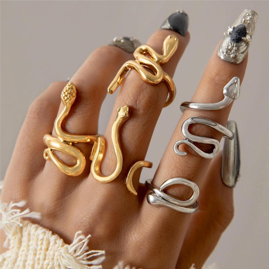 Cool Handsome Men's Snake Pattern Ring, Punk Style Snake Animal Retro Exaggerated Four-piece Ring