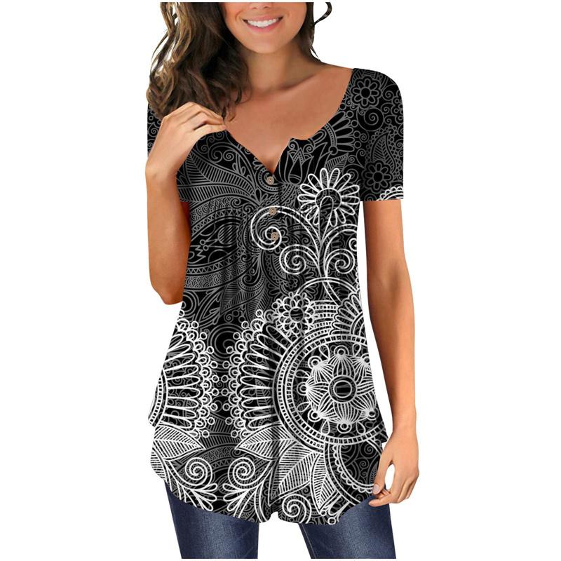 Summer Women's Short Sleeve Floral 3D Printed Buttons T Shirt Ladies Plus Size Top