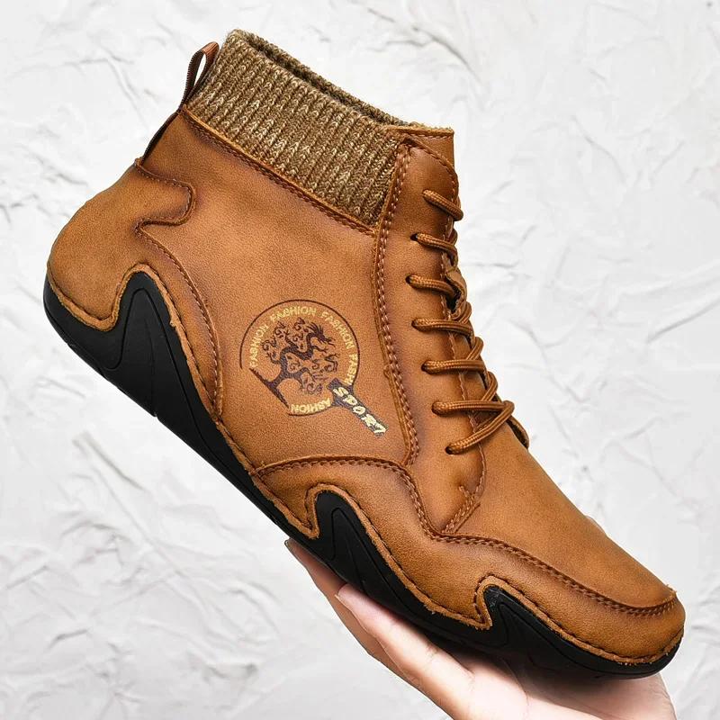 Winter Leder Herrenstiefel mit Fell Warme Schneestiefel Herren Komfort Freizeitschuhe Sneakers High Top Western Stiefeletten Wasserdicht