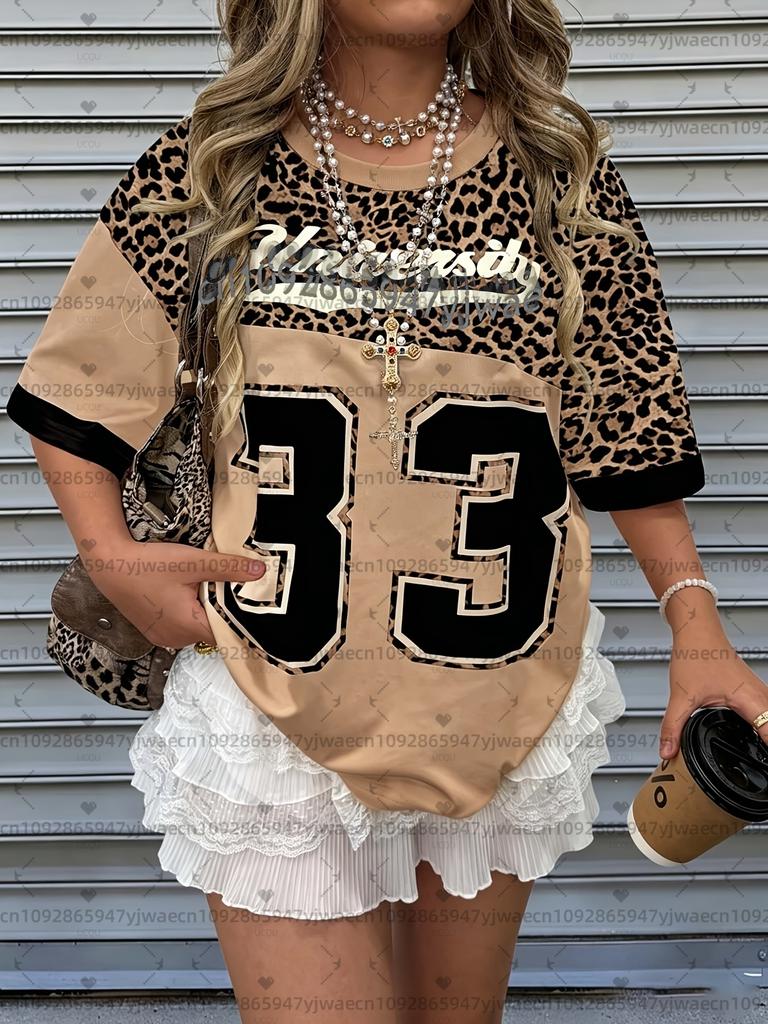 2026 Womens Casual Leopard Print Number 33 Pattern Women  T-Shirt Girl Round Neck Tee Outdoor Sports Plus-Size Women's Clothing
