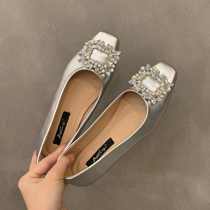 Flat Bottom High-end Square Head Rhinestone Single Shoes Women's Shoes Spring and Summer New Black Commuter Work Shoes