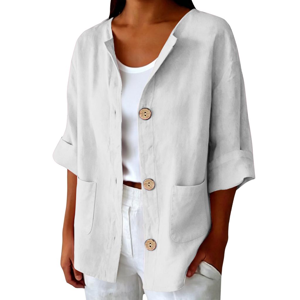 Women Casual Solid Color Linen Cotton Blend Cardigan Button Front Pocket Long Sleeve Lightweight Jacket