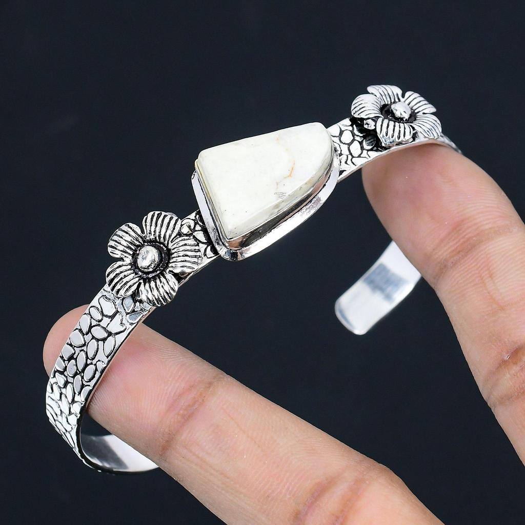 Trillion Natural Howlite Sterling Silver Flower Anniversary Wife Bangle Jewelry