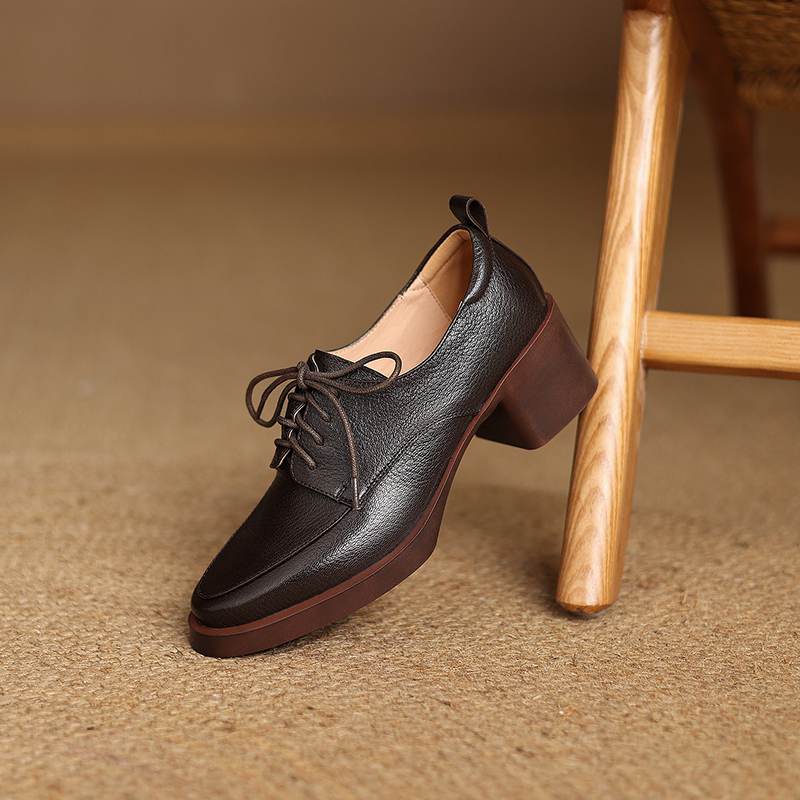 Krazing Pot Sheepskin Autumn Winter Shoes Chunky Heels Size 43 Size 42 Round Toe Lace Up Deep Mouth Retro Fashion Pumps