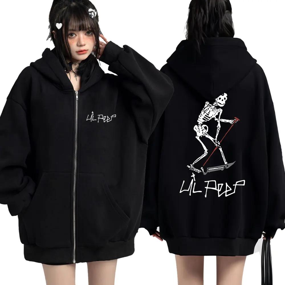 Rapper Lil Peep Same Style Skeleton Print Zip Up Hoodie Men Women Fashion Gothic Oversized Cardigan Streetwear Jackets