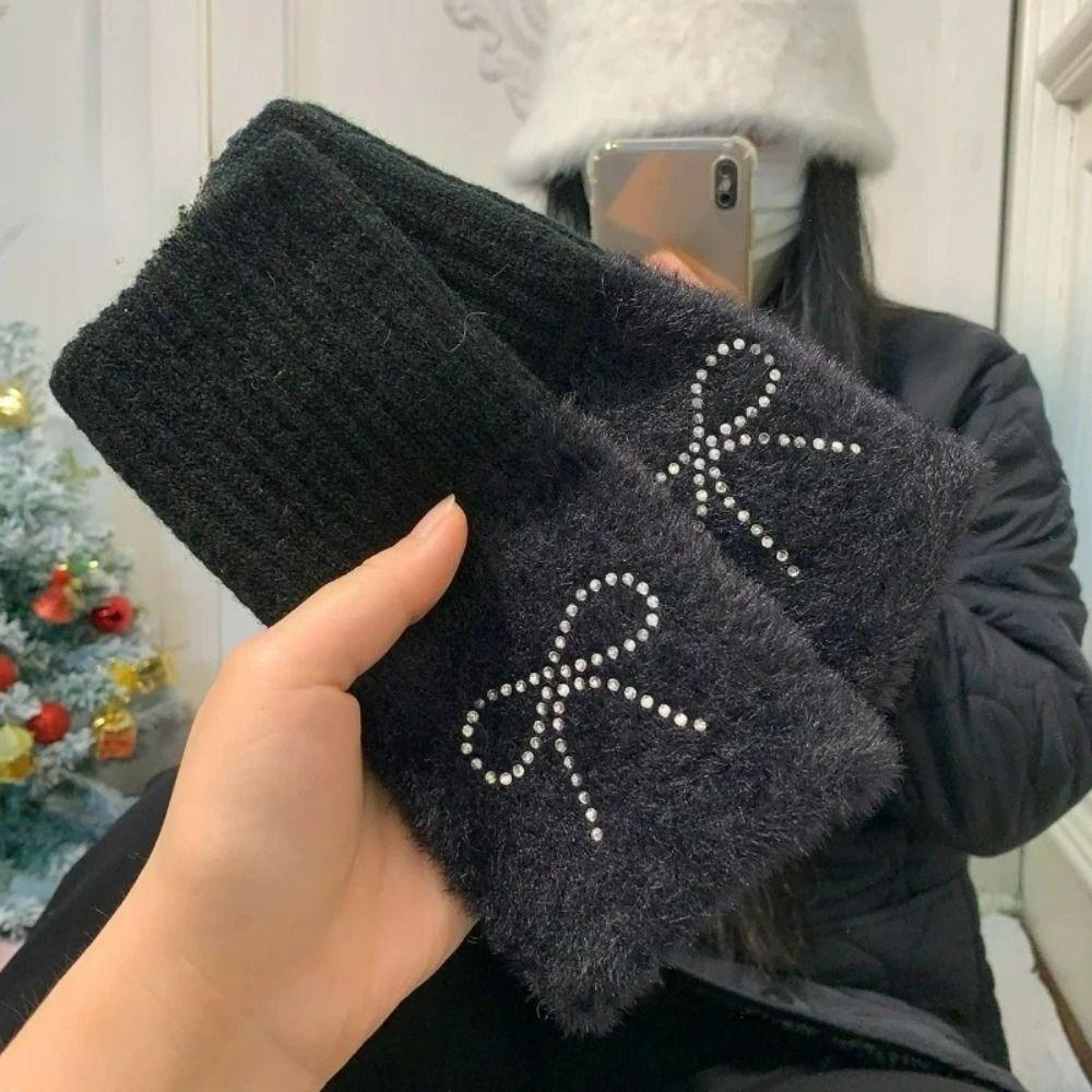 Plush Knitted Gloves Solid Color Half Finger Mittens Cute Bow Gloves  Girl
