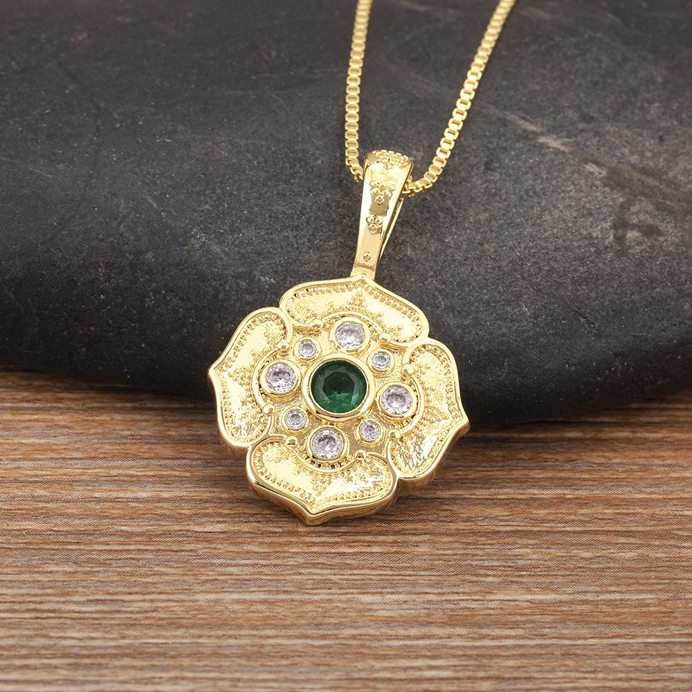 Nidin Classic New Design Flower Shape Copper Micro Inlaid Zircon Pendant Necklace For Women Vintage Chain Choker Jewelry Gifts золотой