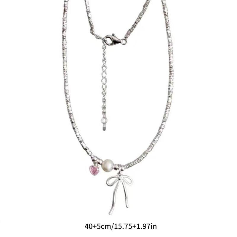 Stylish Ribbon Choker Necklace with Lovely Bowknot Tie Pendant and Gemstones Portable for Fashionable Occasions