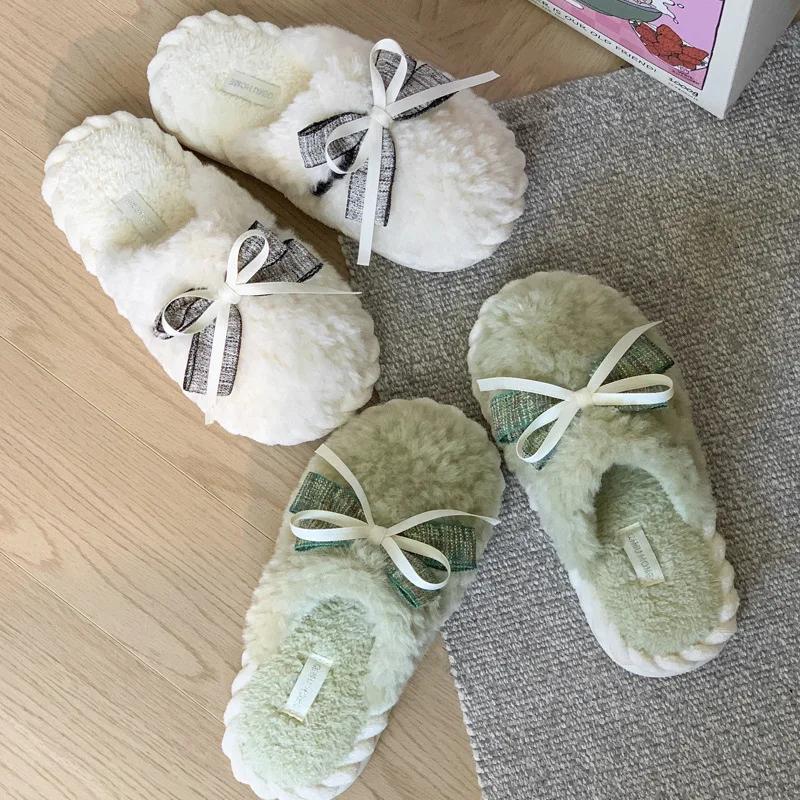 Fashion Casual Fluffy Slippers Women House Fashion Bowknot Designer Shoes Girls Home Popular Winter Warm Elegant Footwear Indoor Flats