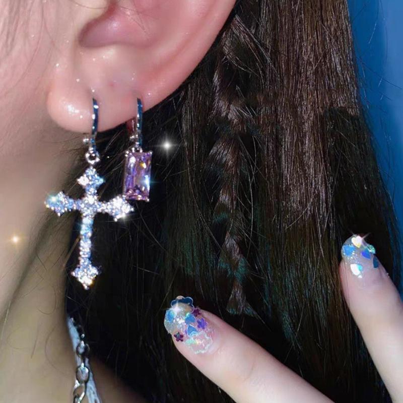 New Rhinestone Zircon Cross Pendant Earrings For Women Korean Fashion Drop Hoop Earrings Birthday Party Zircon Gifts
