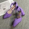 High Heel Hollow Fashion Women's Shoes 2025 Summer New Large Size Pointed Buckle Thick Heel Women's Sandals Purple Heels