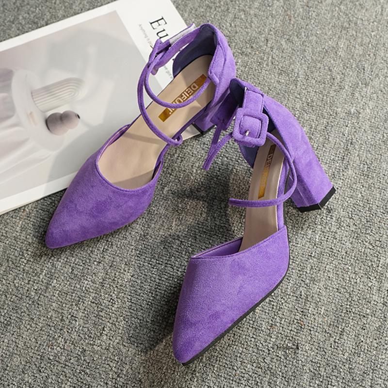 High Heel Hollow Fashion Women's Shoes 2025 Summer New Large Size Pointed Buckle Thick Heel Women's Sandals Purple Heels