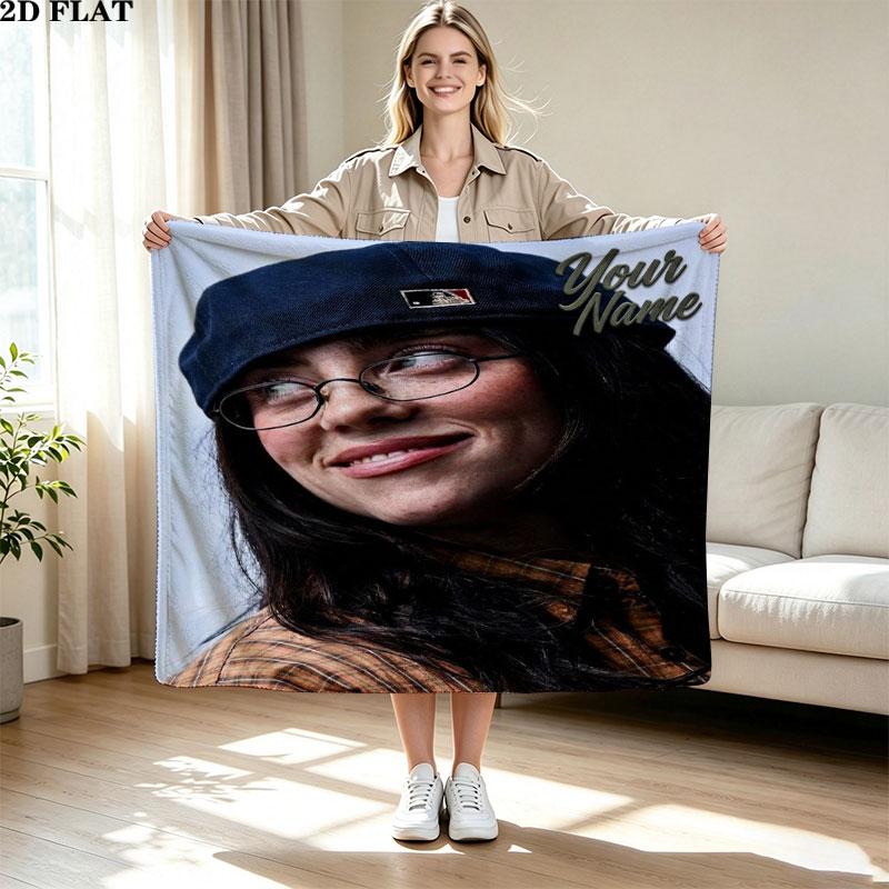 1PC Billie Eilish Custom Name Patterned Flannel Blanket Suitable For All Seasons for Home Decor Warmth and Comfort Gifts Holiday Present