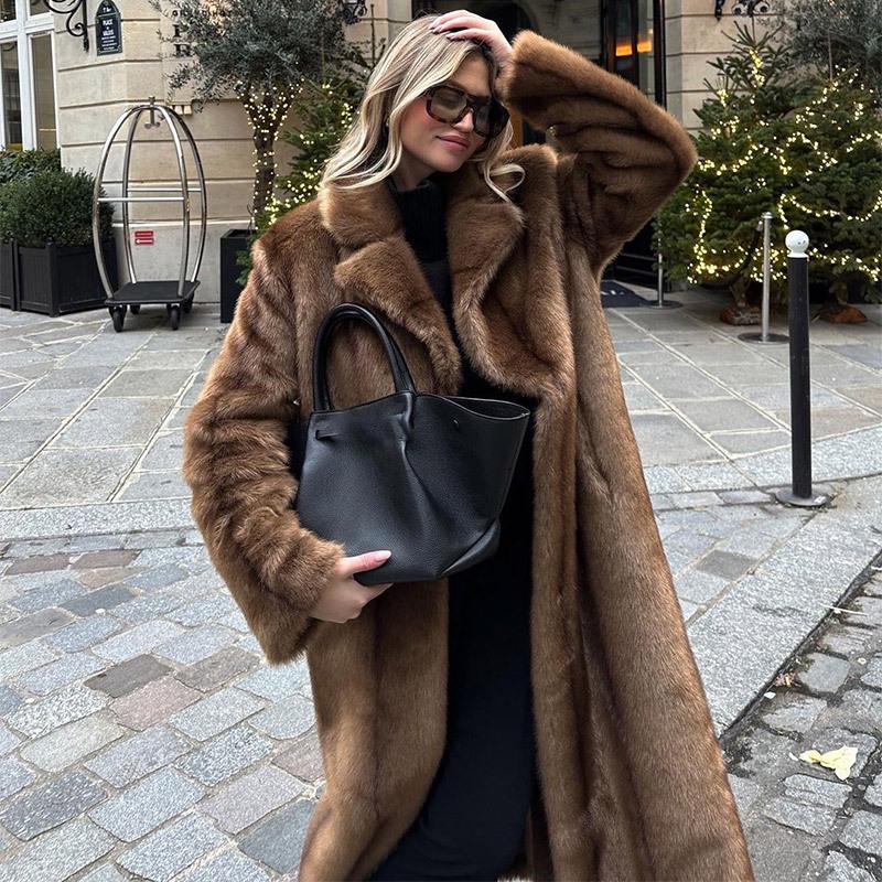 Dark Brown Faux Fur Long Coat - 2024 Winter Collection: Plush, Warm, and Thickened.