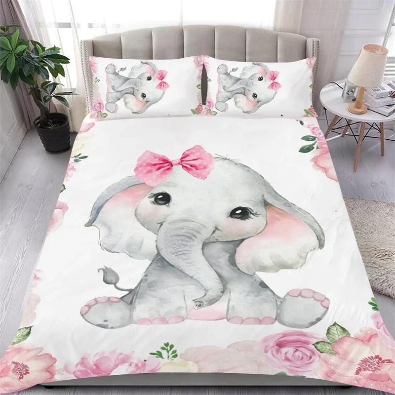 Cute Baby Elephant Flowers Duvet Cover Set Cartoon Animals Bedding 3pcs Set Giraffe Quilt Cover Single Twin for Girls Boys Gift