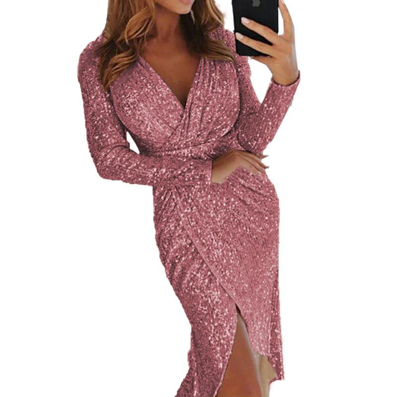 European and American new women s bronzing long-sleeved V-neck shiny dress dinner sexy dress S розовый
