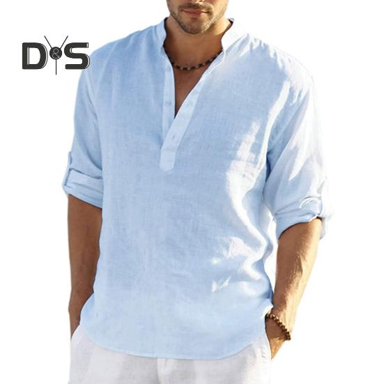 Men Shirt Stand Collar V-Neck Long Sleeve Pullover Tops Breathable Solid Color Casual Tops Daily Wear