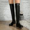 Solide Schwarze PU Kniehohe Stiefel Damen 2025 Herbstmode Zum Hineinschlüpfen Falten Elastische Stiefel Komfort Mittlerer Absatz Über dem Knie Botas