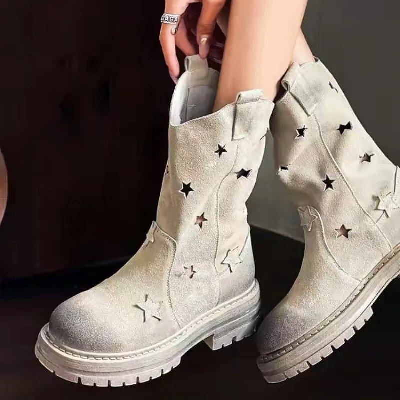 

Fashion Mid-calf Summer 2025 Modern Boots Square Heel Mid Heel Shoes Female High Quality Slip-on Round Toe Solid Punk Women s Boots 35