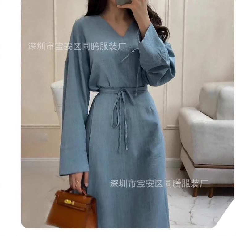 European And American New Elegant Solid Color Sexy Waist Fashion Princess Sleeve Medium And Long Dress