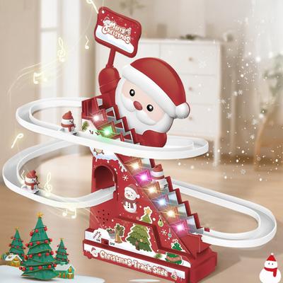 Jeu de Noël à grimper les escaliers avec toboggan, musique, lumière LED pour tout-petits, Père Noël musical électrique, piste de ski, jeu avec 5 bonhommes de neige, course de toboggan montagnes russes