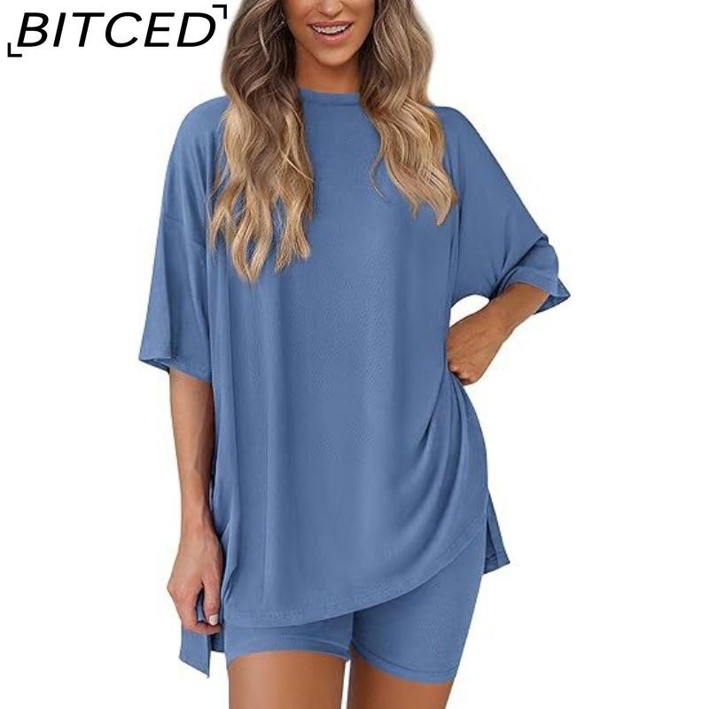 BITCED Women's Spring/Summer Loose-Fit Fashion Solid-Colour Casual Short-Sleeved Top and Shorts Two-Piece Set