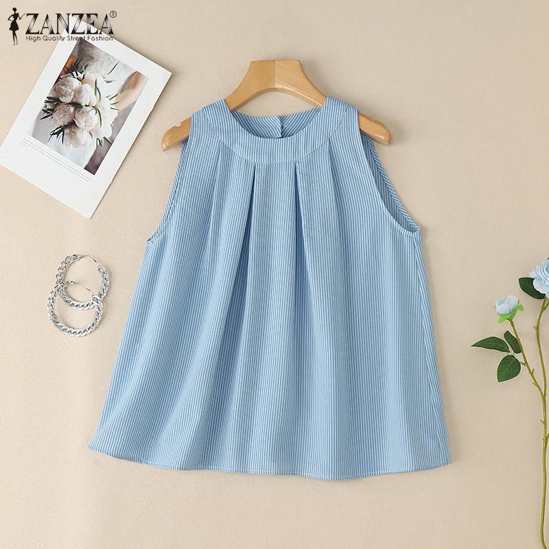 ZANZEA Women Casual Round Neck Summer Sleeveless Stripe Tank Tops