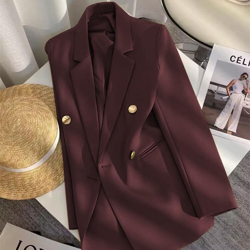 Women Long Sleeve Blazer Jacket Lapel Double Breasted Gold Button Loose Fit Office Casual Suit Outerwear Coat